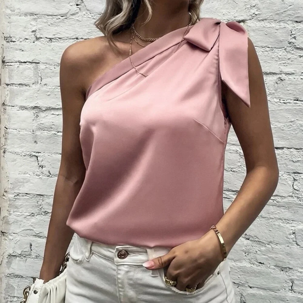 Satin silky one shoulder bow blouse tank top light pink - Picture 1 of 11